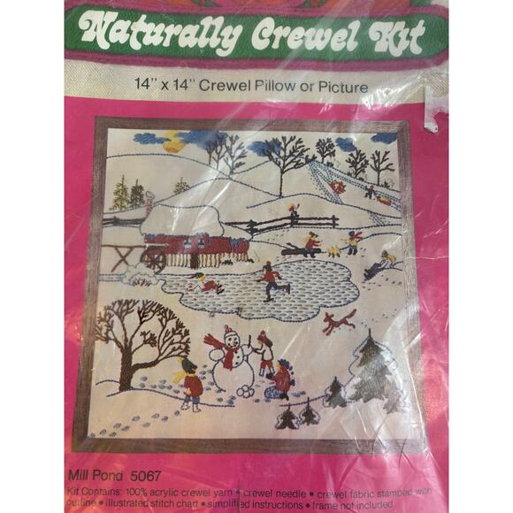 Vtg New Naturally Crewel Kit 14x14 Pillow/Picture Winter Scene Mill Pint 5067 - Picture 3 of 5